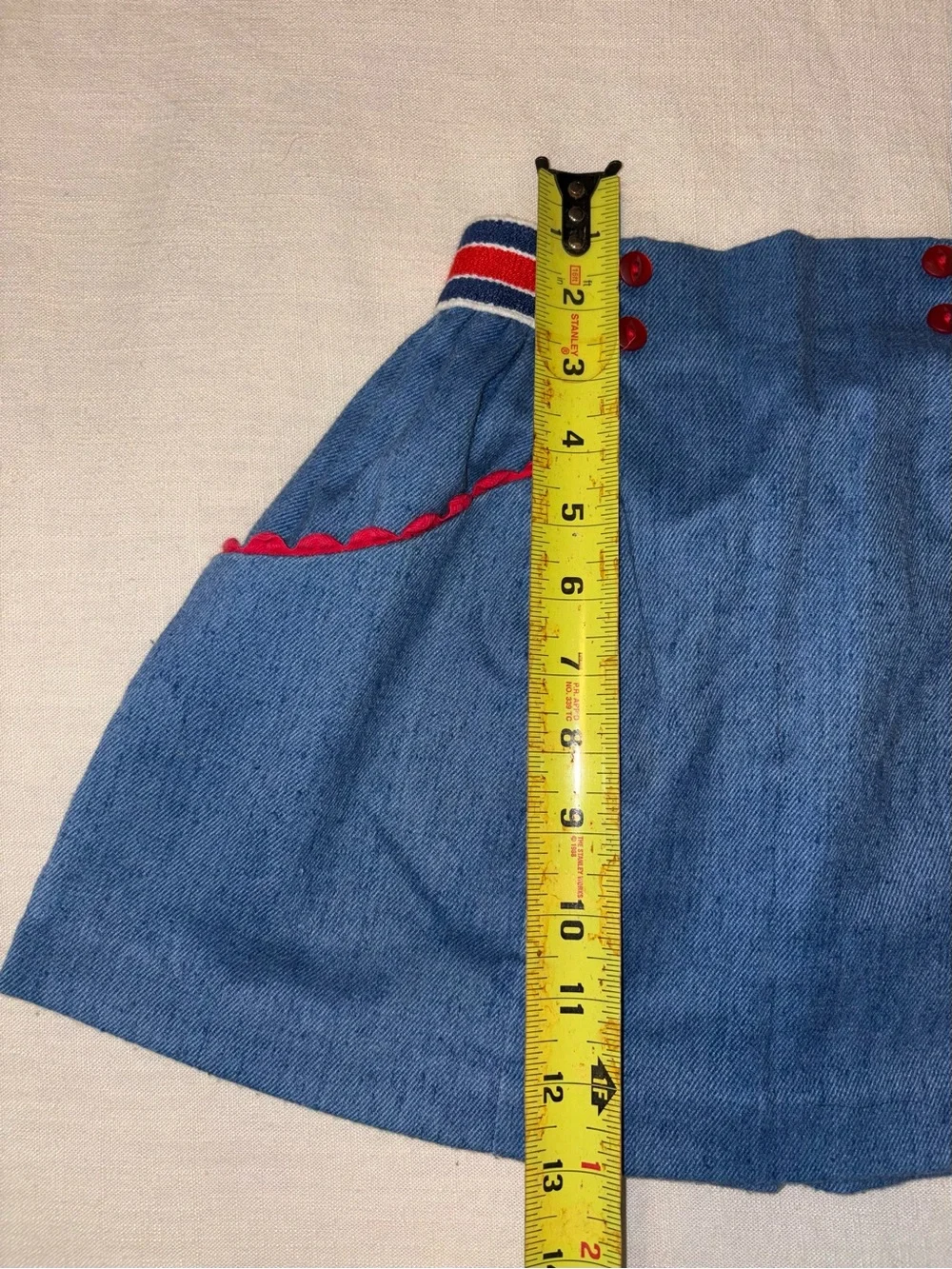 Girls XS Vintage Blue Denim A-Line Skirt with Red Trim HANDMADE